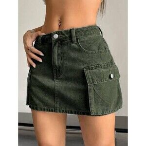 SHEIN EZwear Women's Summer Solid Color Cargo Denim Skirt Army Green Size XS 2